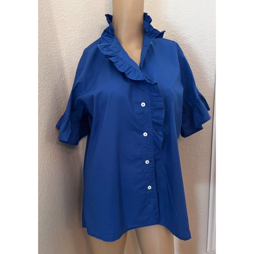 SZ L MILLE Vanessa Top w Button Front and Ruffle Accents in AZUR Color - Picture 4 of 8